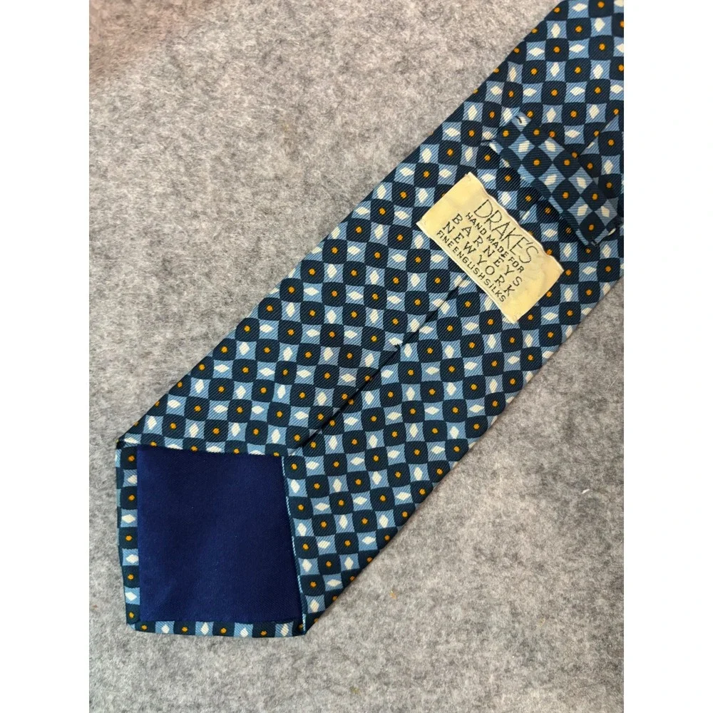 Drake's for Barneys New York Silk Tie Blue Geometric Medallion Hand Made England